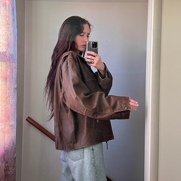 Vintage Leather Bomber Jacket Brown Faded Distressed Oversized Boxy Zip Coat - Picture 4 of 10